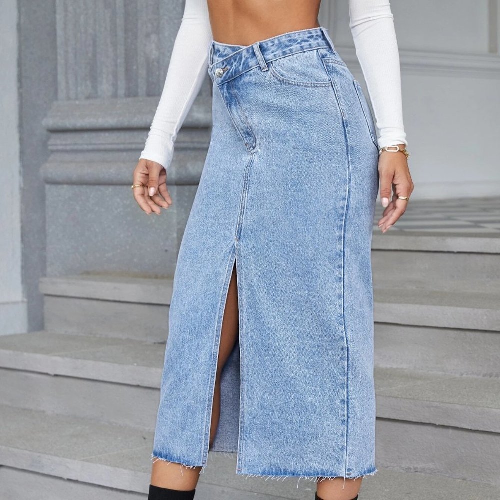 Light Wash Casual Womens High Waist Split Hem Denim Skirt - Picture 4 of 4